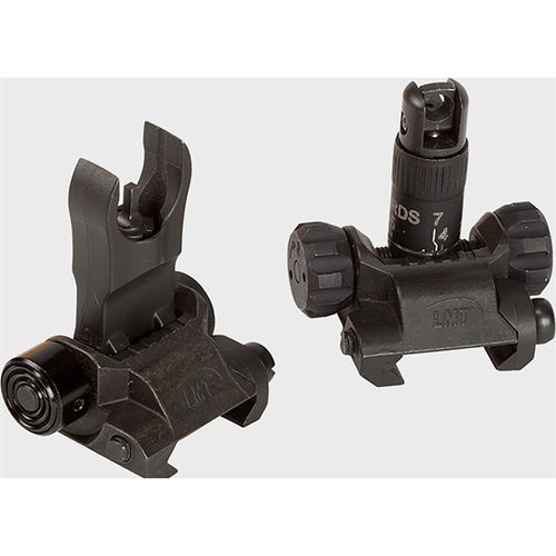 The LMT Defense AR-15 Imperial BUIS Kit features durable front and rear flip sights with windage knobs, designed for safety and precision up to 700 yards.