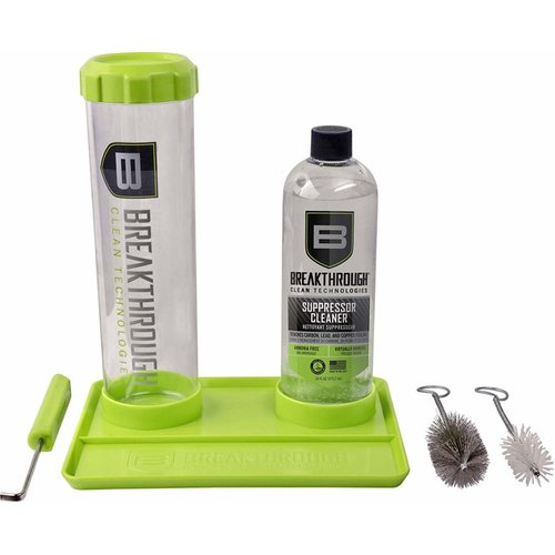 The Breakthrough Clean Suppressor Cleaning Kit includes a 16oz cleaner, soaking tube, brushes, and tools for effortless, thorough suppressor maintenance.