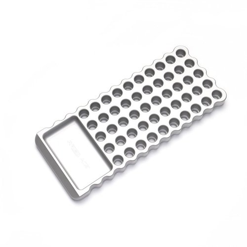 The AREA 419 Billet Loading Block features 50 snug holes for various calibres, rubber pads for stability, and a powder-catching divot for safety.