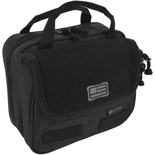 The 1680D Tactical Double Pistol Case features heavy-duty padding, fits 2 pistols, includes MOLLE webbing, and has a top carry handle for easy transport.