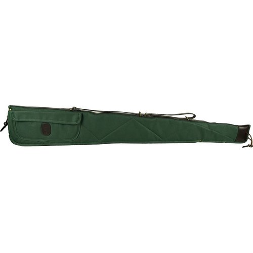 The Bob Allen Canvas Shotgun Case features a durable, water-resistant exterior, quilted flannel lining, leather trim, and a secure, self-repairing zipper for optimal protection.