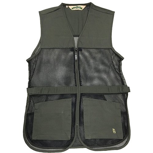 The BOB ALLEN Full Mesh Dual Pad Shooting Vest offers lightweight mesh for ventilation, dual pads for ambidextrous use, adjustable fit, and ample storage pockets.