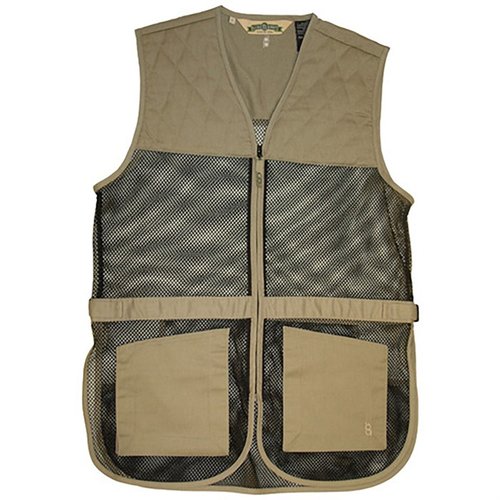 The BOB ALLEN Full Mesh Dual Pad Shooting Vest offers lightweight mesh for ventilation, dual pads for ambidextrous use, and ample storage with bellowed pockets.
