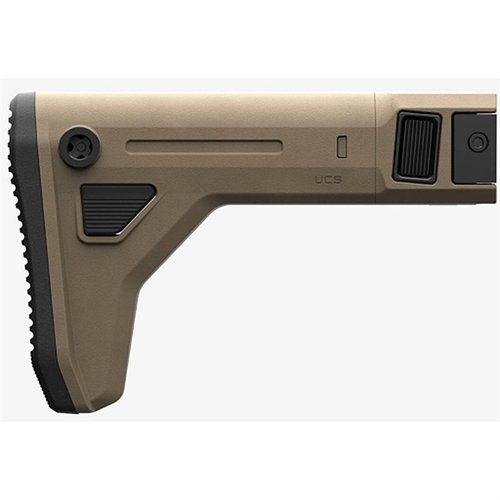 The Magpul UCS Adjustable Carbine Stock offers extreme adjustability, compatibility with M1913 rails, and customizable cheek risers for optimal shooting comfort.