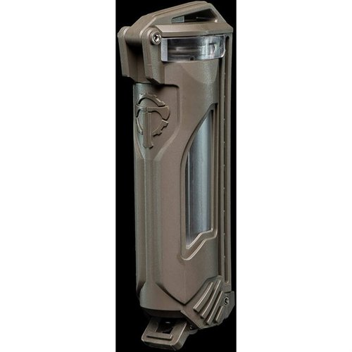 The CellVault-18 securely stores 1 18650 or 2 18350 batteries, featuring waterproof construction, a metal latch, and clear side windows for easy gear checks.