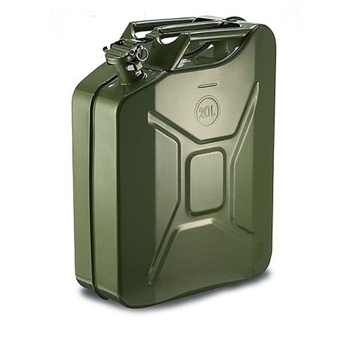 Store fuel securely with the Military Style Jerry Can, featuring a spill-proof lid, durable enamel coating, and included nozzle for easy pouring.