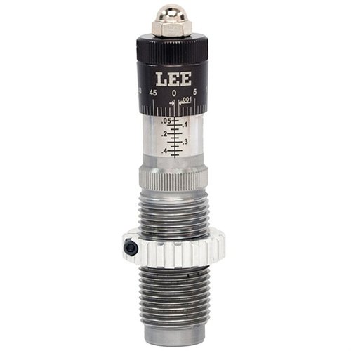 Achieve precise bullet seating with LEE's Micrometer Bullet Seating Die, featuring smooth adjustments, minimal runout, and a reversible floating bullet guide.