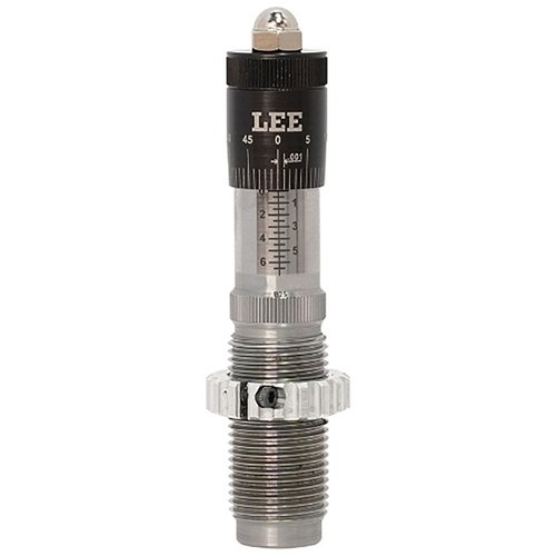 The LEE Precision Micrometer Bullet Seating Die offers smooth, accurate adjustments, minimal bullet runout, and a reversible floating bullet guide for precise seating.