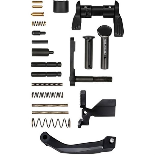 The RISE ARMAMENT Premium Lower Receiver Parts Kit for AR-15 includes essential mil-spec parts, allowing customization with aftermarket upgrades for an economical build.