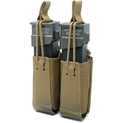 The GBRS Group Double Pistol Magazine Pouch offers MOLLE/BELT compatibility, removable bungee retention, and smooth magazine access for most double-stacked pistols.
