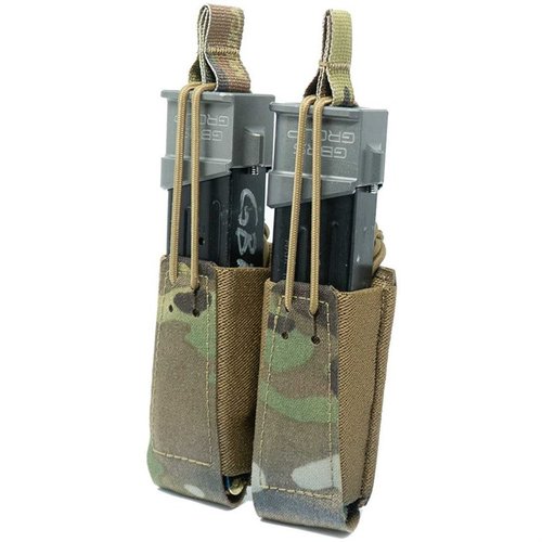The GBRS Group Double Pistol Magazine Pouch offers MOLLE compatibility, bungee retention, and a smooth draw, fitting most double-stacked magazines.