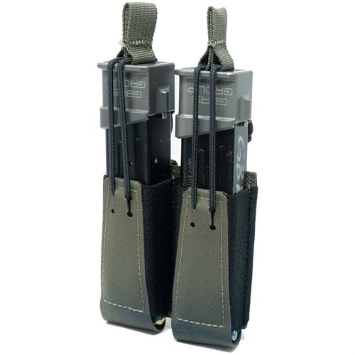 The GBRS Group Double Pistol Magazine Pouch offers MOLLE/BELT compatibility, removable bungee retention, and a smooth draw for most double-stacked magazines.