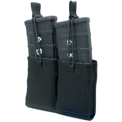 The GBRS Group Double Rifle Magazine Pouch offers MOLLE/BELT compatibility, bungee retention, and smooth re-holstering for AR-15/AK-47 magazines.
