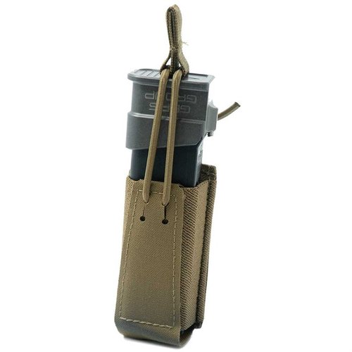 The GBRS Group Single Pistol Mag Pouch features MOLLE/BELT compatibility, bungee retention, and durable construction for smooth draws and secure magazine storage.
