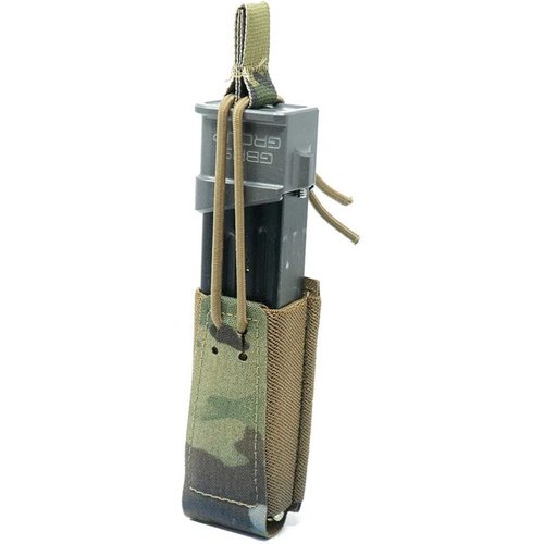 The GBRS Group Single Pistol Mag Pouch offers MOLLE/BELT compatibility, bungee retention, and a smooth draw, fitting most double-stacked magazines.