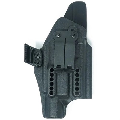 The GBRS Group X PRIORITY 1 IWB Holster offers adjustable retention, a discreet carry clip, and compatibility with threaded barrels and optics for optimal concealment.