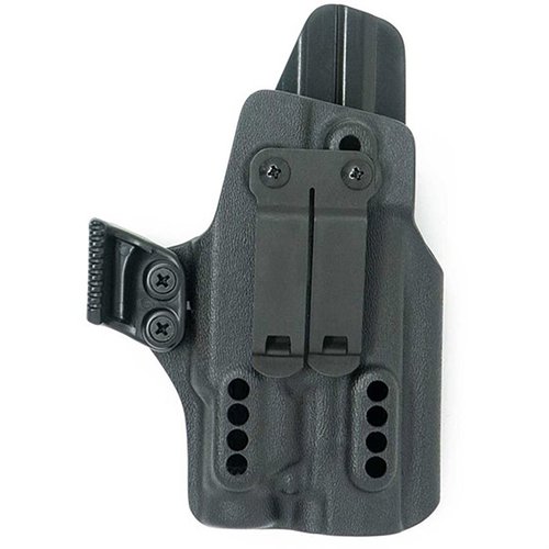 The GBRS Group X PRIORITY 1 IWB Holster offers adjustable retention, a discreet clip for secure carry, and compatibility with optics and threaded barrels.