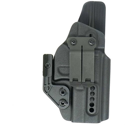 The GBRS Group X Priority 1 IWB Holster features adjustable retention, an open muzzle for threaded barrels, and a discreet carry clip for optimal concealment.