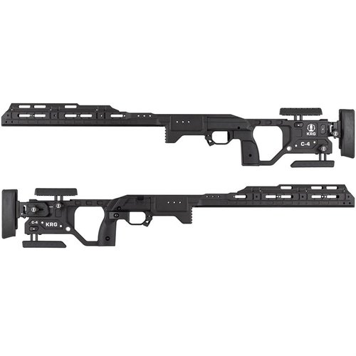The KRG C-4 Monolithic Chassis offers tool-less adjustments, enhanced comfort, and a rigid aluminum frame, perfect for precision shooting with Remington 700 SA.