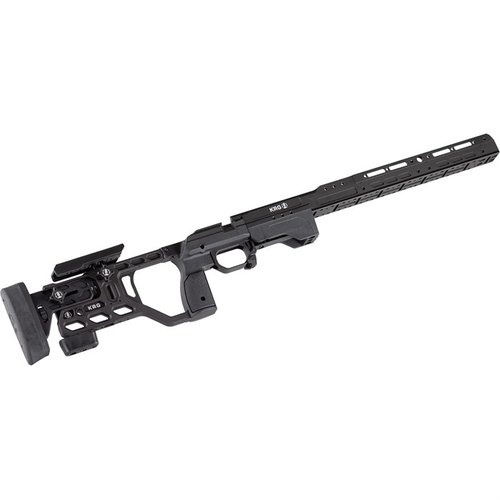 The KRG Whiskey-3 Pro Chassis offers a lightweight design with adjustable cheekpiece, monolithic aluminum front, and integrated ARCA rail for enhanced shooting versatility.