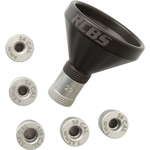 The RCBS MatchMaster Powder Funnel Kit offers speed, precision, and convenience with a premium anti-stick finish and six caliber-specific adapters.