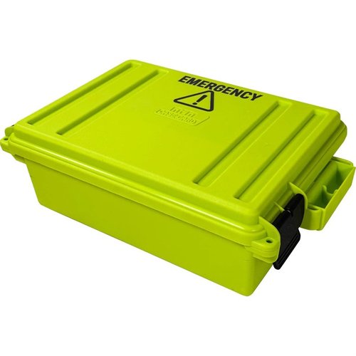 The MTM EB3 Emergency Box features a water-resistant O-ring seal, secure padlock tabs, and high-impact polypropylene for safe, organized storage of essentials.