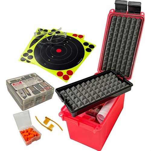 The MTM Pistol Range Kit offers a compact, water-resistant dry box with essentials like a foam-padded tray, 5-magazine case, and safety gear for organized shooting.