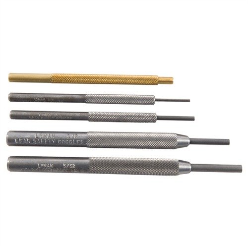 The Lyman Pistol Punch Set features five precision-machined steel and brass punches, ensuring durability and a secure grip for flawless pistol disassembly and reassembly.