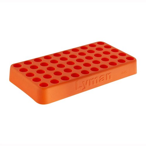 The Lyman Custom-Fit Loading Block holds 50 rounds, made from durable polymer, and fits various cartridges from .338 to .615 caliber, ideal for reloading.