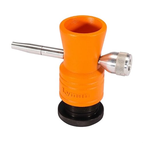 The Lyman Brass Smith Powder Trickler features a static-free aluminum body, adjustable height, precision knob, and a large hopper for efficient reloading.
