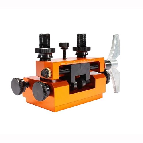 The Lyman AccuSight Pistol Sight Tool features a CNC machined aluminum body, adjustable clamps, and a large handle for easy installation and removal of dovetail sights.