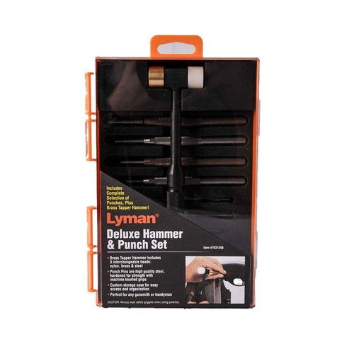 The Lyman Deluxe Hammer & Punch Set features a compact design with essential punches and a durable hammer, all stored in a convenient hardwood block for easy access.