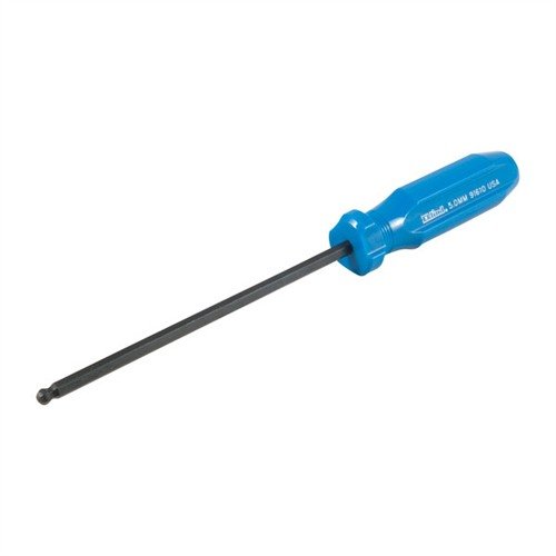 The Brownells 5MM Ball End Hex Screwdriver features a heat-treated matte black steel shaft, a comfortable red polymer handle, and a versatile 5mm extended hex bit.