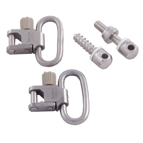 The UNCLE MIKES 115 Nickel Plated Swivel Set features rust-resistant plating, perfect for stainless guns, and includes 2 swivels, wood and machine screw mounts.