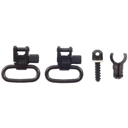Uncle Mike's Quick Detach Swivels feature split band clamps for easy attachment to barrels or magazine tubes, ensuring a secure fit for various firearms.