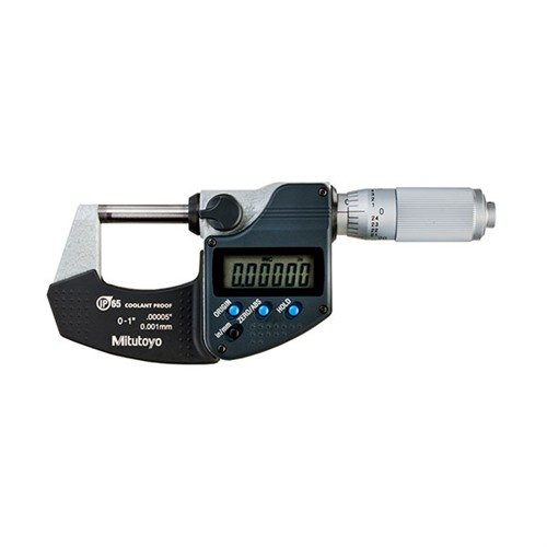 The Mitutoyo Digimatic Electronic Outside Micrometer offers precision measurements with a digital display, ratchet stop for consistent pressure, and durable IP65 construction.