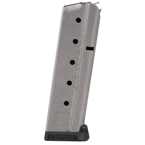 High-quality Metalform 1911 9MM magazines in blued carbon or stainless steel, featuring flat or round followers for reliable feeding and easy cleaning.