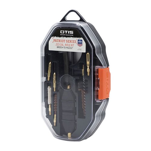 The OTIS PATRIOT Series Rifle Kit offers essential Breech-to-Muzzle® cleaning tools for .223 caliber, featuring a versatile T-handle and driver for 4 bits.