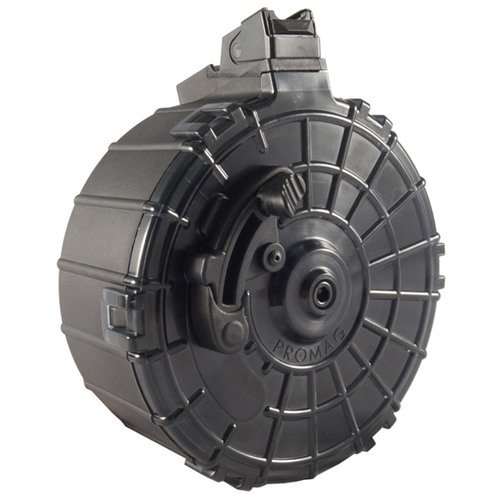 The PRO MAG SAIGA 12 Drum Magazine offers high-capacity performance for competitions, durable polymer construction, and easy loading with a thumb-activated slide assist.