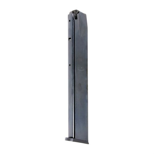 Upgrade your Ruger P-Series with this 32-round steel magazine, featuring a heat-treated carbon steel body and black-oxide finish for durability and reliability.