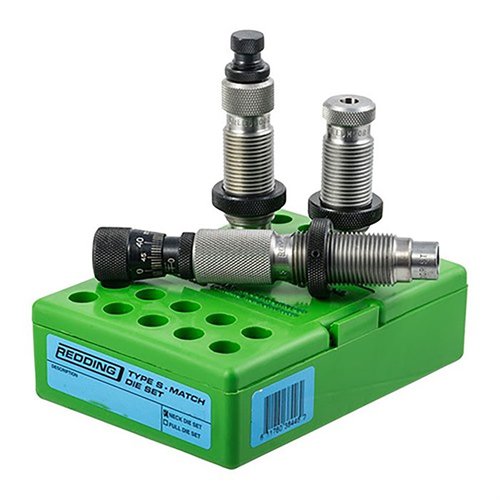 The Redding Type S Match Bushing Neck Die Set for 6.5 PRC includes a Bushing Neck Sizing Die, Body Die, and Competition Seating Die for precision reloading.