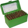 The MTM Flip Top Rifle Ammo Box holds 50 rounds, features a secure snap-loc latch, and accommodates various calibers with a max cartridge OAL of 3.61".