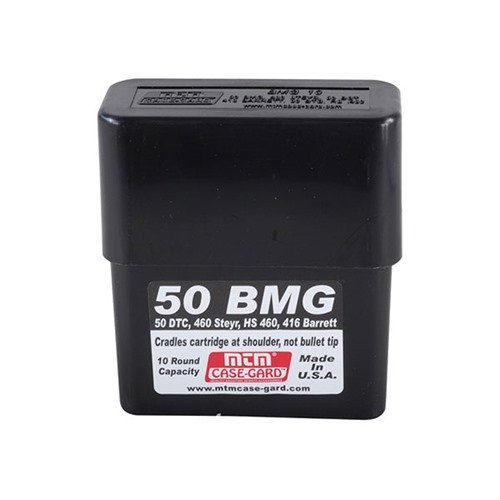 The MTM Case-Gard Slip Top Rifle Ammo Box holds 10 rounds of 50 BMG, offering durable protection and easy access for your 416 Barrett ammunition.