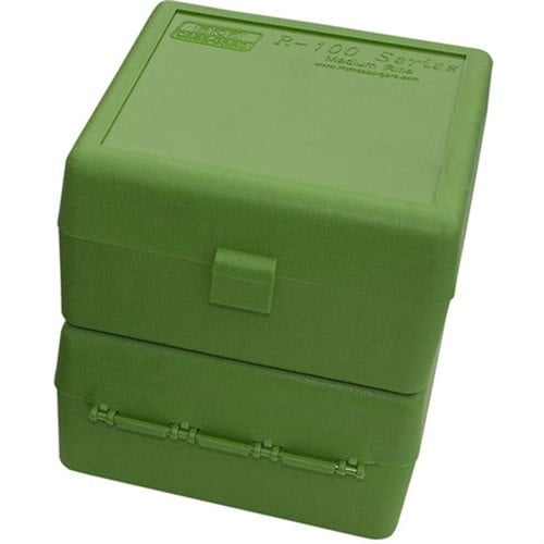 The MTM CASE-GARD Flip Top Ammo Box is durable, spill-proof, and features a textured grip, making it perfect for storing 100 rounds of various rifle cartridges.