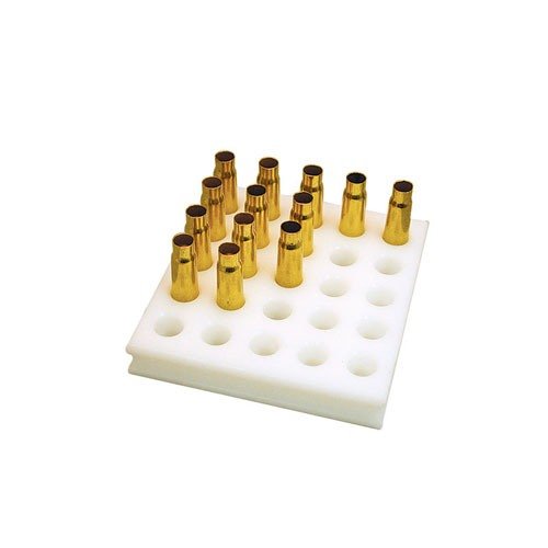 The SINCLAIR LOADING BLOCK holds 25 rounds, made from durable white polyethylene, featuring finger grooves for grip, chamfered holes, and is dishwasher safe.
