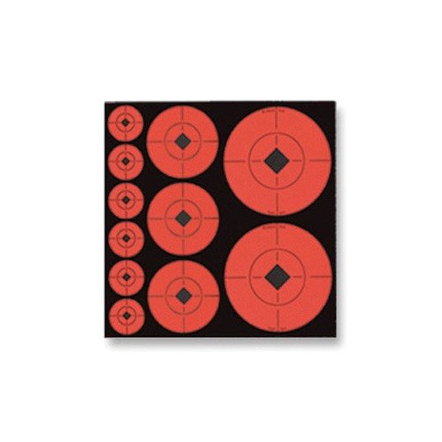Enhance your shooting accuracy with Birchwood Casey's self-adhesive fluorescent target spots, featuring high visibility and black diamond centers for precise sighting.