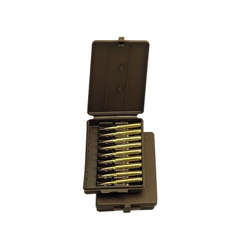 The MTM Case-Gard Ammo Wallet holds 9 rounds securely, compatible with various cartridges like 223 Rem. and 204 Ruger, ensuring easy transport and access.