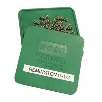 The RCBS Square Primer Flipper Tray features a ridged surface for easy primer orientation, holds up to 300 primers, and fits larger Federal primer boxes for convenience.