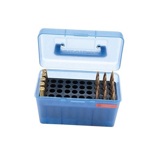 The MTM 50 Rd Ammo Box is perfect for the 223 family, offering secure storage for various cartridges, with a clear blue design for easy identification.