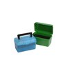 The MTM 50 Rd Ammo Box securely holds cartridges from 22-250 to 308 Win, featuring a durable green design and convenient handle for easy transport.